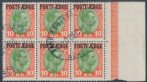 1930. Chr.X. 10 kr. rødgrøn. Stemplet 6-BLOK. AFA 6000