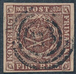 1853. 4 RBS Thiele II, sortbrun. Plade II, nr.28 variant PLET I ØVRE VENSTRE POSTHORN.