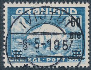 1956. Isbjørn Provisorium 6040 øre, blå. PRAGT-stempel IVIGTUT 8.5-1957
