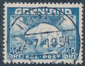 1946. Isbjørn. 40 øre, blå. PRAGT-stempel IVIGTUT 22-7-1954
