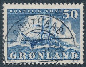 1950. Skib. 50 øre, blå. PRAGT-stempel GODTHAAB 5.3.1954.