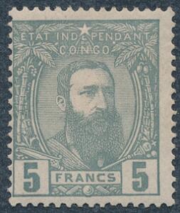Belgisk Congo. 1892. 5 Fr. grå. Fint ubrugt mærke. Michel EURO 160