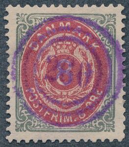 1875. 8 øre lysgrå. LUXUS-mærke med perfekt nr.stempel 260 i BLÅVIOLET FARVE.