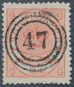 1864. 4 sk. PRAGT-mærke med helt retvendt nr.stempel 47 Næstved.