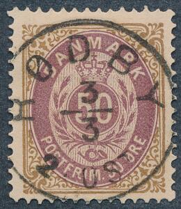 1875. 50 øre, brunlilla. Helt retvendt LUXUS-stempel RØDBY 3.5.2POST