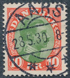 1927. Chr. X, 10 kr. rødgrøn. Pragtstemplet AARS 28.5.30