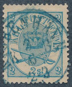 1864. 2 sk. blå. Annulleret med BLÅT stempel Kjøbenhavn 2.6