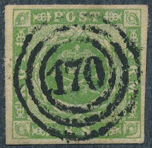 1854. 8 sk. grøn. SUPERBT nr.stempel 170 Holst. Eisenbahn