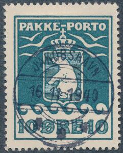 1937. Schultz. 10 øre, grønblå. PRAGT mærke.