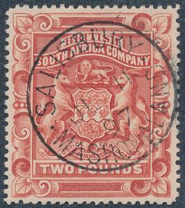Rhodesia. 1892. 2 £. rosa-rød. Et meget smukt stemplet eksemplar med retvendt PRAGT-stempel SALISBURY JU 11 97. SG £ 170