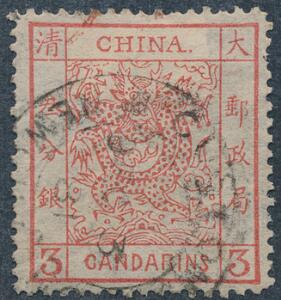 Kina. 1878. Drage. 3 Ca. rød. Stemplet.