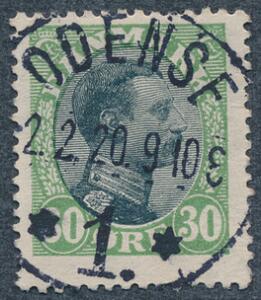 1918. Chr. X, 30 øre, grønsort. LUX-stemplet ODENSE 2.2.20