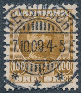 1907. Fr. VIII, 100 øre, gulbrun. Helt perfekt centreret og LUX-stemplet eksemplar HELSINGØR 7.10.09