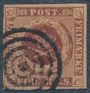 1851. 4 RBS FERSLEW 1a. Plade II, nr. 31 Uretoucheret krone. Meget smukt eksemplar. Ex. Lorentzen. Attester Nielsen og Møller