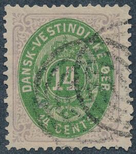 1873. 14 cents, lillagrøn. Stemplet mærke, men et lille hul i mærket er repareret på bagsiden. AFA 12000. Udtalelse Nielsen.