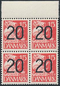 1940. 2015 øre, rød. TYPE IIA. Postfrisk 4-BLOK. AFA 14000