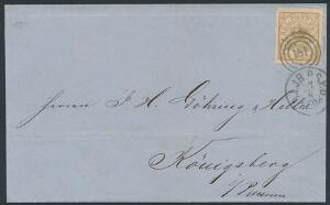1864. 8 sk. gulbrun. Single på brev til TYSKLAND.