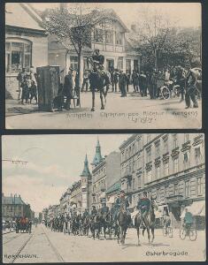 Postkort. Kronprins Christian på Ridetur i Kongens Lyngby samt motiv fra Østerbrogade. 2 postkort brugt i hhv. 1907 og 1910.
