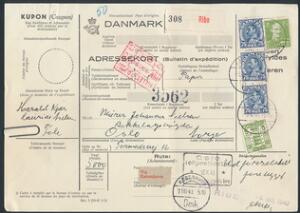 1943. Adressekort sendt til NORGE under 2.verdenskrig med norsk anmeldelse-etiket.
