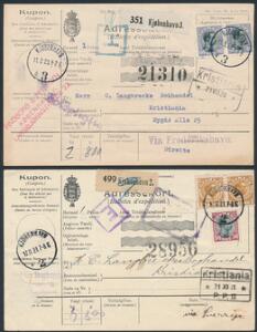 1918-1921. Chr.X. 4 adressekort med bedre frankeringer. De 3 med mindre defekter på kortet i venstre side, men bl.a. flot kort med par 40 øre, blålillagrå.