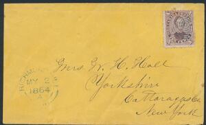 Canada. 1864. Prince Albert. 10 c. brun. Single på brev sendt til NEW YORK.