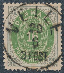 1870. 16 sk. grågrøn. Med helt retvendt LUXUS-stempel VEJLE 29.6.3POST. Mærket har mistet en takningsspids efter udførelsen af attest Nielsen PRAGTEKSEMPLAR.