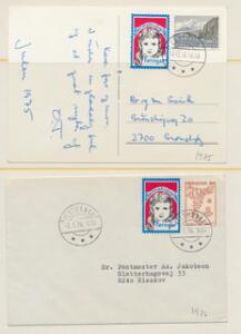 Julemærker BRUGT PÅ FÆRØERNE. Samling bestående af 12 forsendelse med danske julemærker brugt på Færøerne fra perioden 1923-1974, 6 forsendelse med diverse Adve