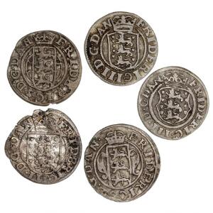 Frederik III, 2 skilling 1665, H 133A, 1665, H 134B, 1667, H 139A, 1667, 1668, H 140A, i alt 5 stk. i varierende kvalitet