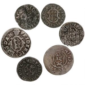 Norge, Christian IV, 2 skilling 1652, 1654, NM 230, 232, H 71B samt 4 stk. danske skillingsmønter, i alt 6 stk.