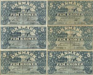 Lille samling af 5 og 10 kr sedler fra 1925 til 1943, i alt 13 stk. i varierende kvalitet
