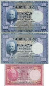 Island, Landsbanki Islands, 3 udgave, 5 kr 1948 4, 10 kr 1948, 100 kr 1948 2, samlet 7 stk., Sieg 34, 36, 40, Pick 32, 33, 35, alle kval. 0