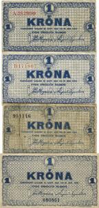 Island, 1 krone 1922, Sieg 26, Pick 18, 1 krone 1924, 1925, Sieg 27, Pick 18, 1 krone 1920, Sieg 25, Pick 17a, i alt 4 stk. 1920 kval. 01