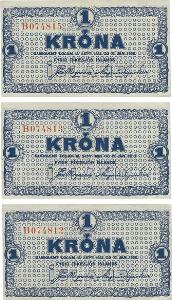 Island, 1 krone 1925, nr. B 074812, 074813, 074815, Sieg 27, Pick 18, i alt 3 stk., alle særdeles pæne 0-01 og 0