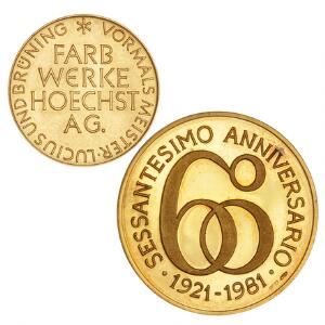 Italien, medaille guld 1981, 12 g 7501000 samt Tyskland, medaille guld Hoechst 1963, 8 g 7501000, i alt 2 stk. Au