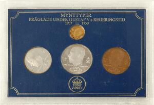Sverige, medailler over mynttyper 1907 - 1950 inkl. Au, 4,6 g 23 karat, Ag 2 stk. samt 1 stk. bronce, i alt 4 stk. i orig. kassette