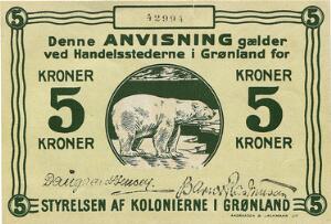 Grønland, Styrelsen af kolonierne i Grønland, 5 kr u. år 1913, nr. 42994, Daugaard-Jensen  Barner Rasmussen, Sieg 62, Pick 15a, større rift i overkant