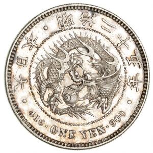 Japan, Mutsuhito, 1 yen 1892 år 25, Y A 25.3,  01 pæn mønt med møntskær