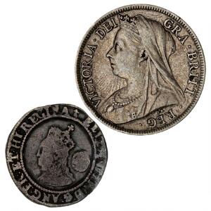 England, Elisabeth I, sixpence 1572, Spink 2562, Victoria, 12 crown 1899, KM 782, ialt 2 stk.