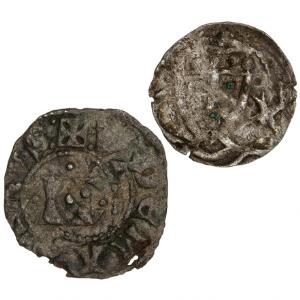 Valdemar II Sejr, 1202-1241, Grenåfundet, Nørrejylland, penning, G 19, 0,45 g, Roskilde, penning, Hbg. 42b, 0,75 g, dobbeltpræg