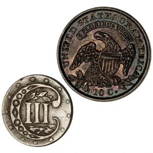 USA, 1 Cent 1832, KM 48, kval. 01 - møntskær, 3 Cents 1861, KM 88, kval. 1