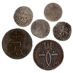 Samling af mønter med bl.a. 2 skilling 1650, 1653, 1690, 1694, 1810 samt 1 skilling 1771 Kongsberg, i alt 6 stk. i varierende kvalitet
