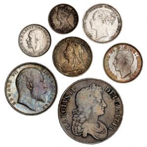 England, Charles II, crown 1673, KM 435  Spink 3358, Dav. 3776, været indfattet, endvidere diverse sølvmønter, England, Hong Kong og Indien, ialt 7 stk.