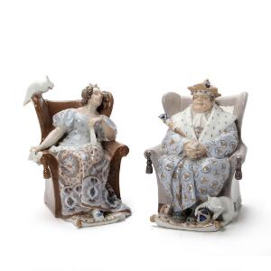 Christian Thomsen Kongen og Dronningen. Figurer af porcelæn dekoreret i farver. 1478 og 1494. Royal Copenhagen. H. 25 cm. 2