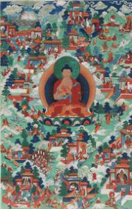 Tibetansk thangka i farver Sakyamuni buddha omgivet af andre buddhaer. 19. årh. Billede 87 x 56 cm. I ramme.