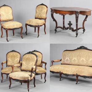 Fransk Louis Philippe møblement af palisander, bestående af sofa, tre armstole, et par stole samt ovalt bord. 19. årh. 7