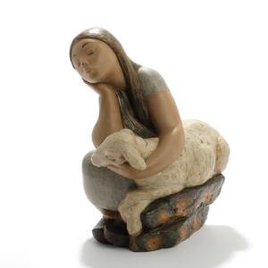 Pige med får. Figur af keramik, Lladro, dekoreret i farver. H. 44.
