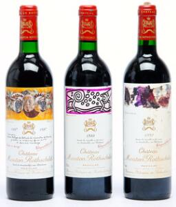 1 bt. Château Mouton Rothschild, Pauillac. 1. Cru Classé 1987 A-AB bn.  etc. Total 3 bts.