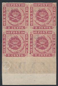 1866. 3 cents, karmin. Flot postfrisk 4-BLOK med fuld nedre MARGINAL. AFA 3200