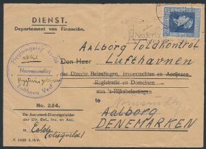1946. Brev fra Holland 3.10.46 til Aalborg Toldkontrol - Lufthavnen, omadr. til Nørresundby. Blåt 2-ringsstempel FLYGTNINGELEJR 49-06...