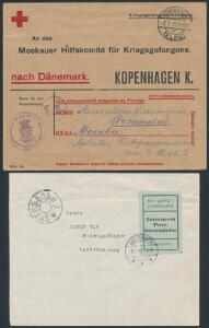 Danmark. Lot med 4 breve med TARP-mærker, heraf 2 med den sjældne grønne udgave. Også Interneret forsendelse fra 1943 og et Røde Kors brev fra 1917